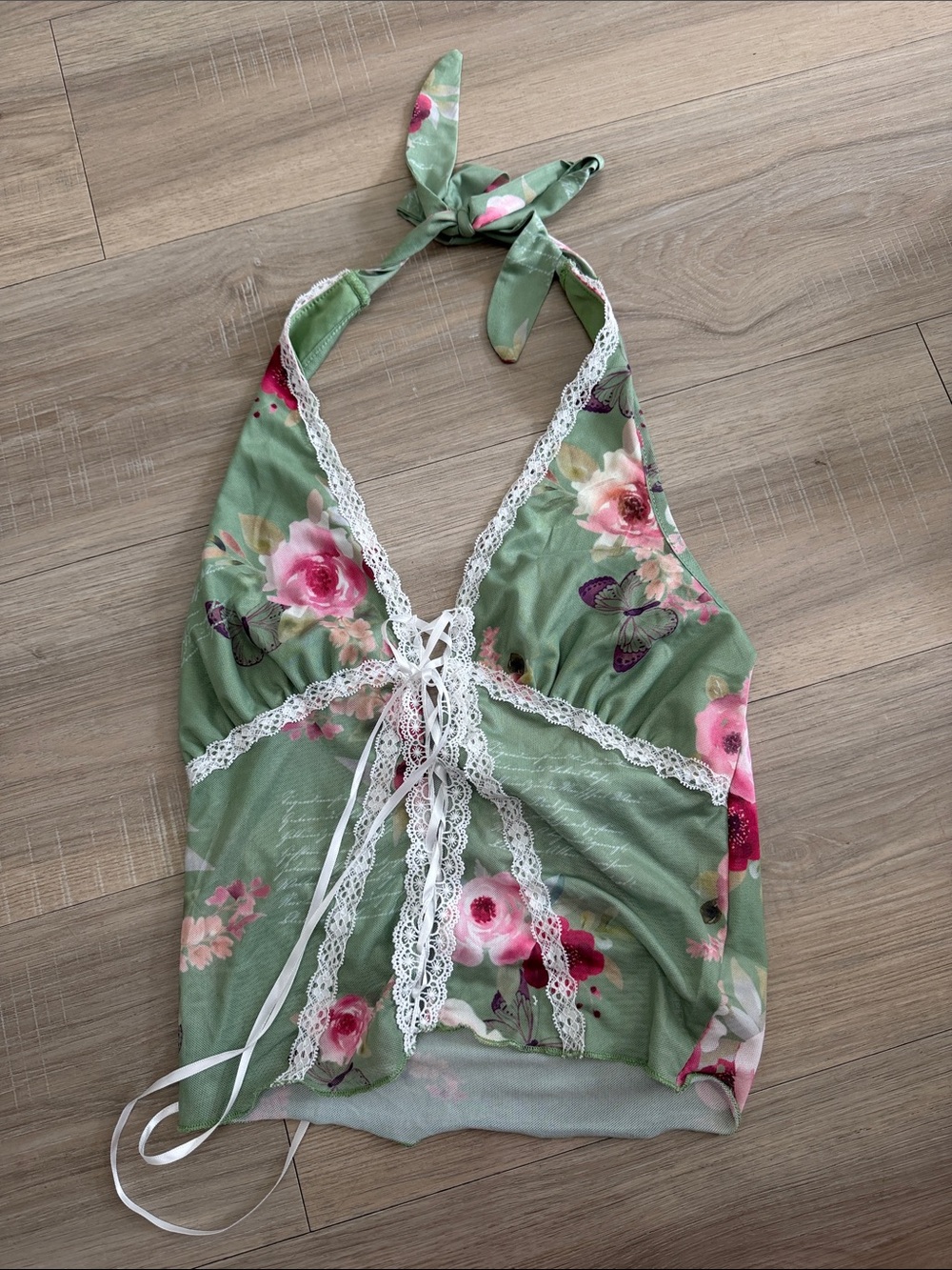 Forever 21 Sage Green Floral Lace-Up Halter Camisole
